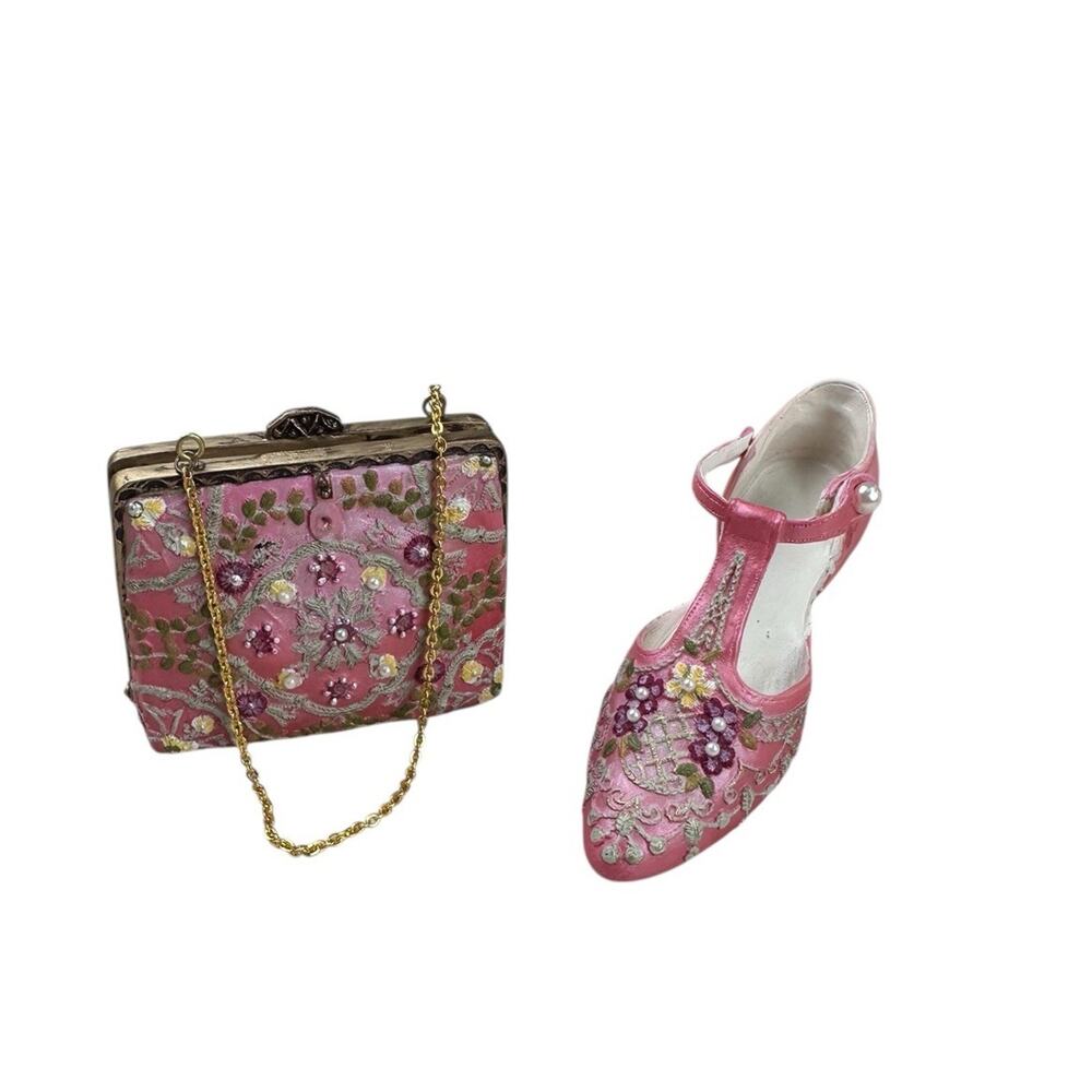 Popular Imports Nostalgia Pink Embroidered T-Strap Heels & Clutch Bag Set